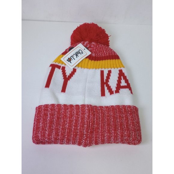 Kansas City Red yellow White Winter Hat Pom style Puff Ball Top Sz Small NWT - Picture 3 of 5